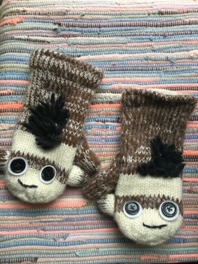 Brown & Cream Sock Monkey Mittens - Cozy Winter Gloves